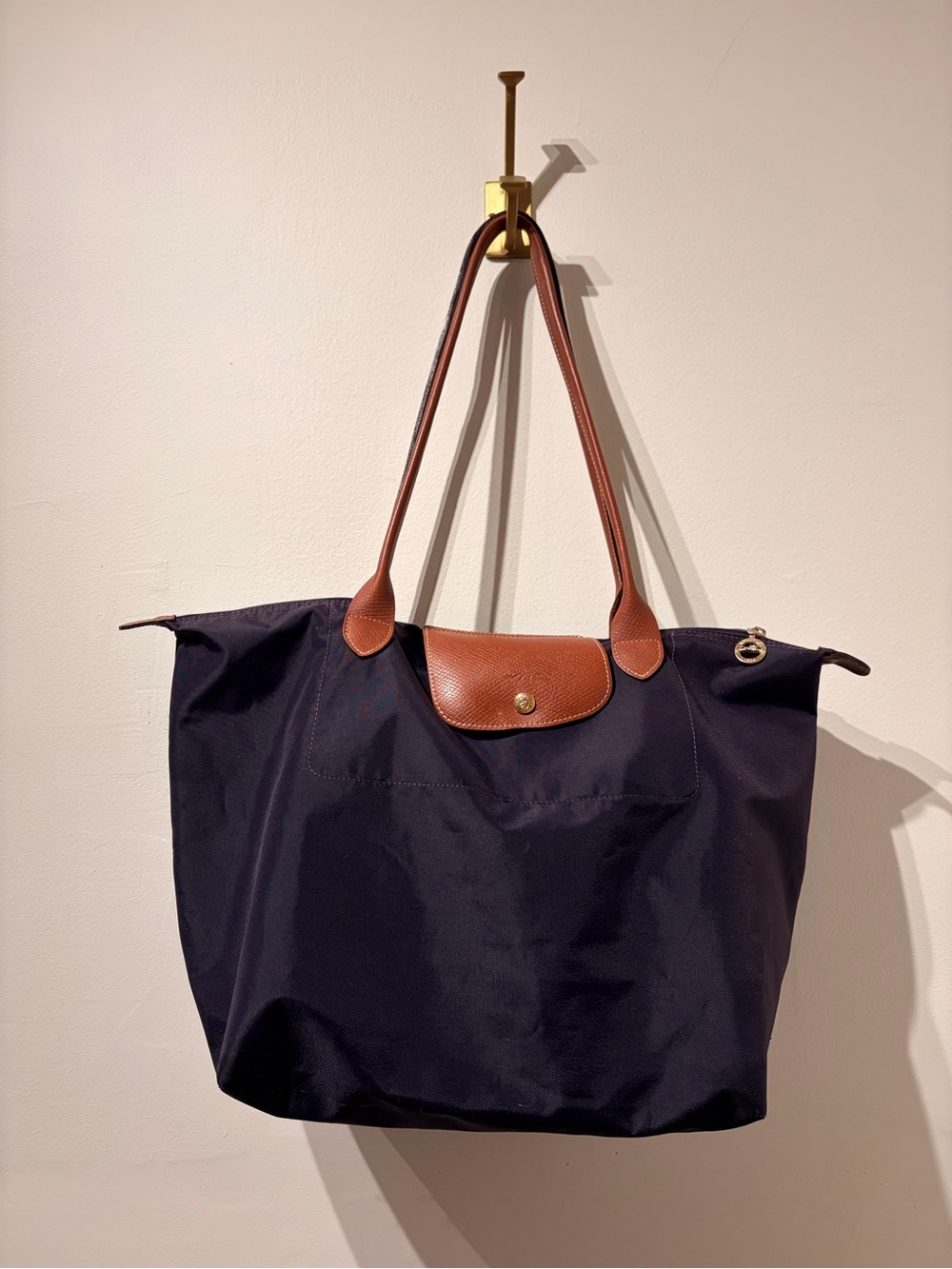 LONGCHAMP Le Pliage Foldable Handbag Dark Purple Leather Handle Tote